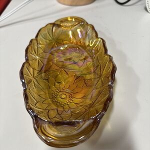 9.5"x4.5"Carnival Iridescent Yellow Gold‎ Glass Sunflower Bread Candy Tray Bowl